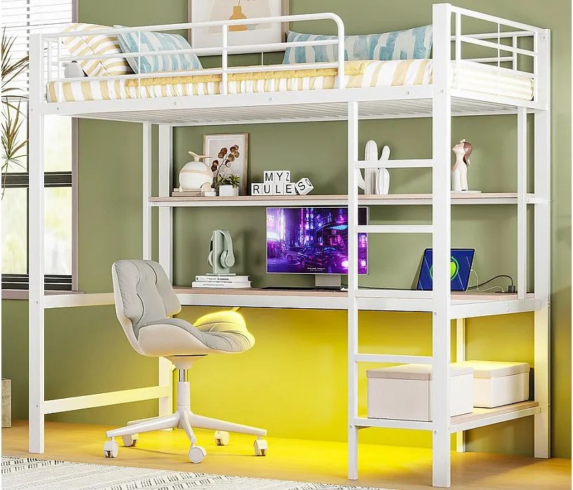 Łóżko mezzanine 90x200 cm - z barierkami - z drabiną - z USB i gniazdkami - z oświetleniem LED - z biurkiem + wielopoziomowymi półkami - białe (bez materaca)