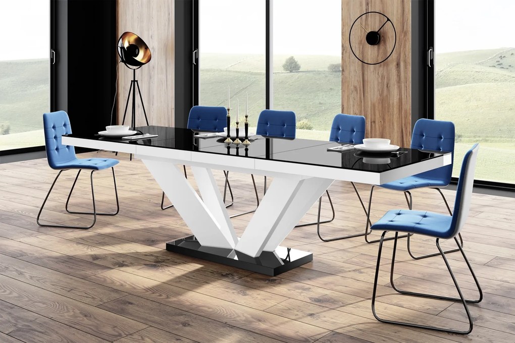 Rozkładany stół z czarnym blatem i białą podstawą Viva 2