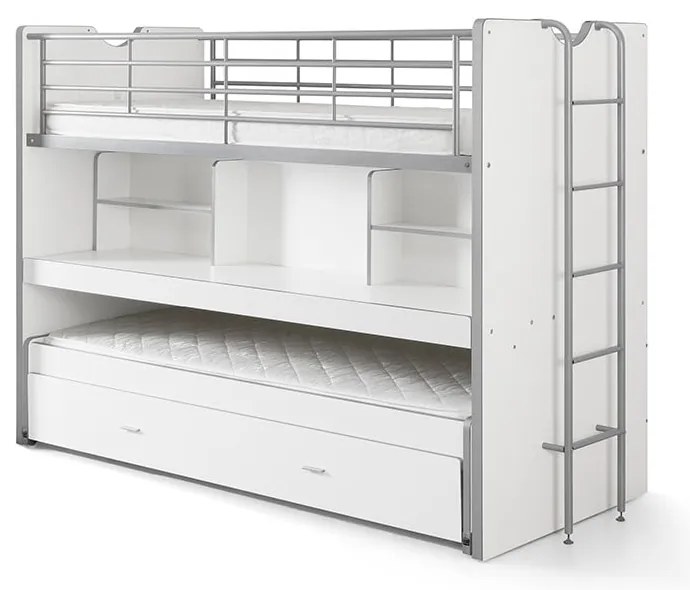 Białe piętrowe łóżko dziecięce z wysuwanym łóżkiem, schowkiem i stelażem 90x200 cm Bonny – Vipack