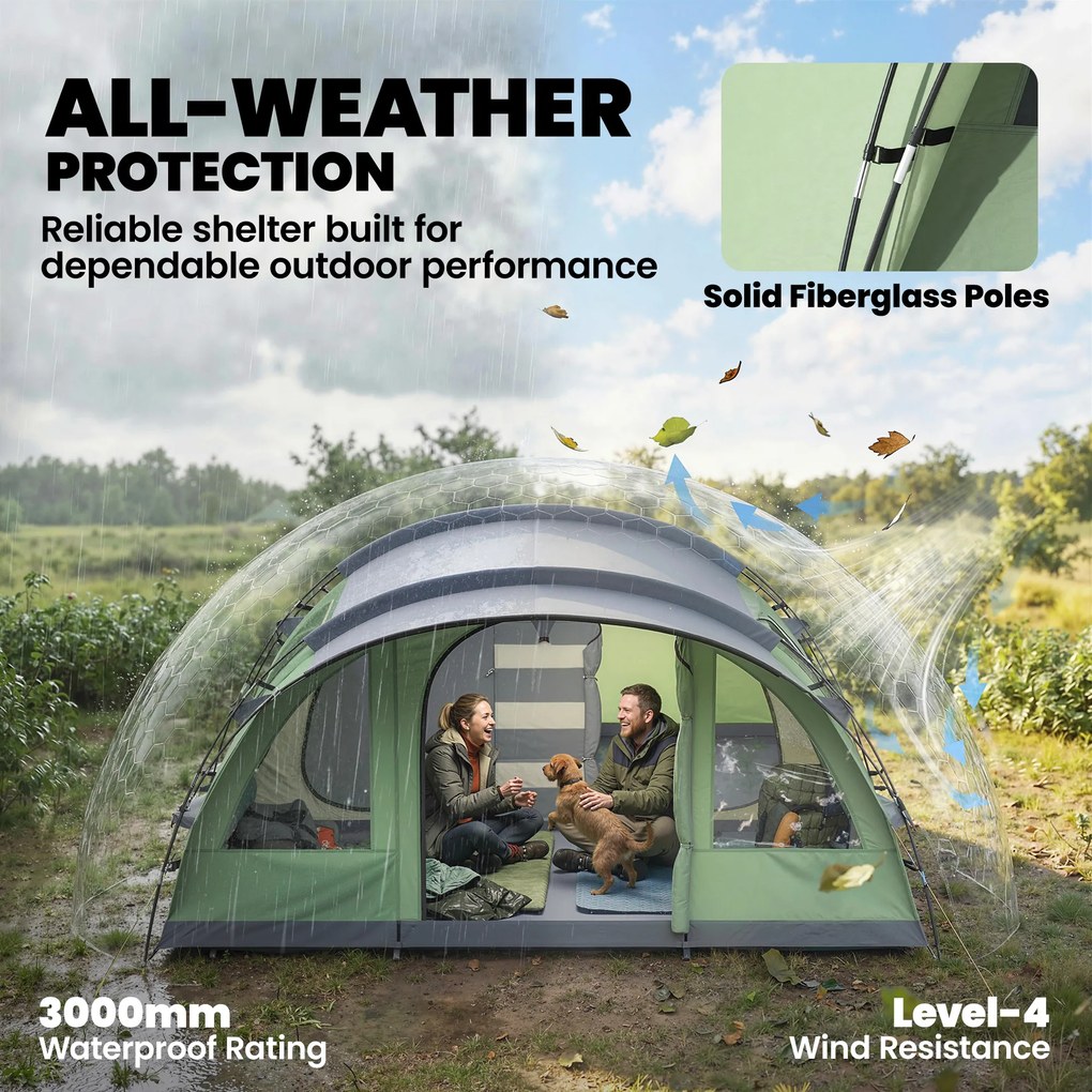 Outsunny Namiot tunelowy 4-osobowy, namiot rodzinny z 2 sypialniami, przedsionek, 4 okna, podłoga, wysokość stojąca, 3000 mm słupa wody | Aosom PL