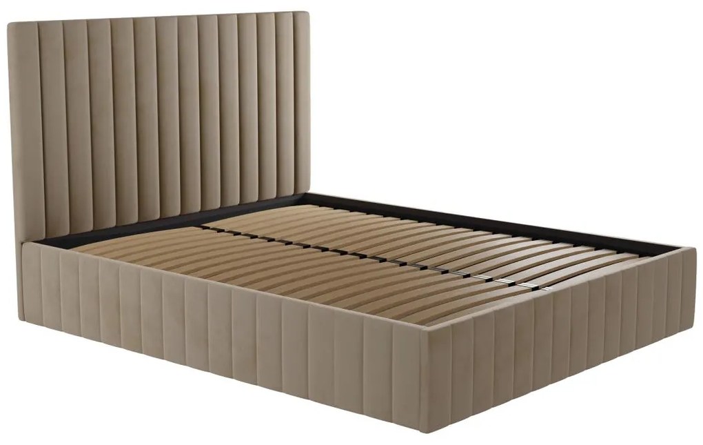 Łóżko ze skrzynią 180 x 200 cm i zagłówkiem z pionowymi przeszyciami – welur – Taupe + Materac - LARALI marki Pascal Morabito