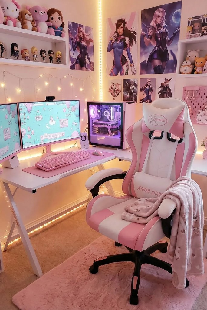 Biało-różowy fotel gamingowy z diodami LED D6-L97