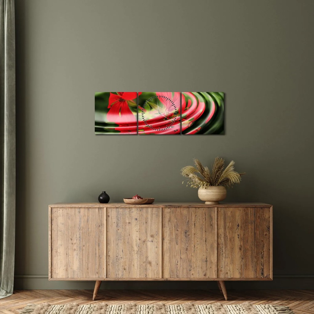 Abstrakcyjny obraz - kwiaty w falach (z zegarem) (90x30 cm)
