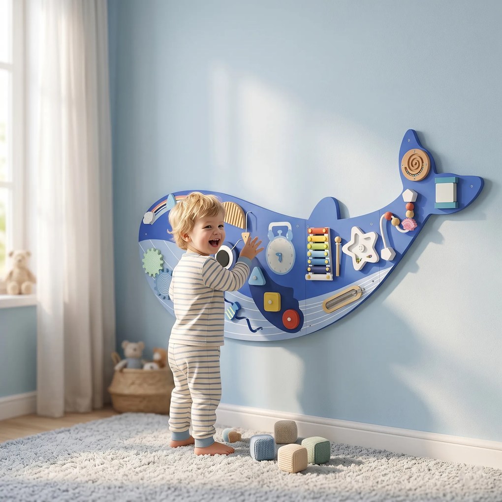 AIYAPLAY Montessori deska motoryczna 13-w-1 drewniana tablica aktywności w kształcie wieloryba montowana na ścianie z ksylofonem i zegarem oraz zębatkami | Aosom PL