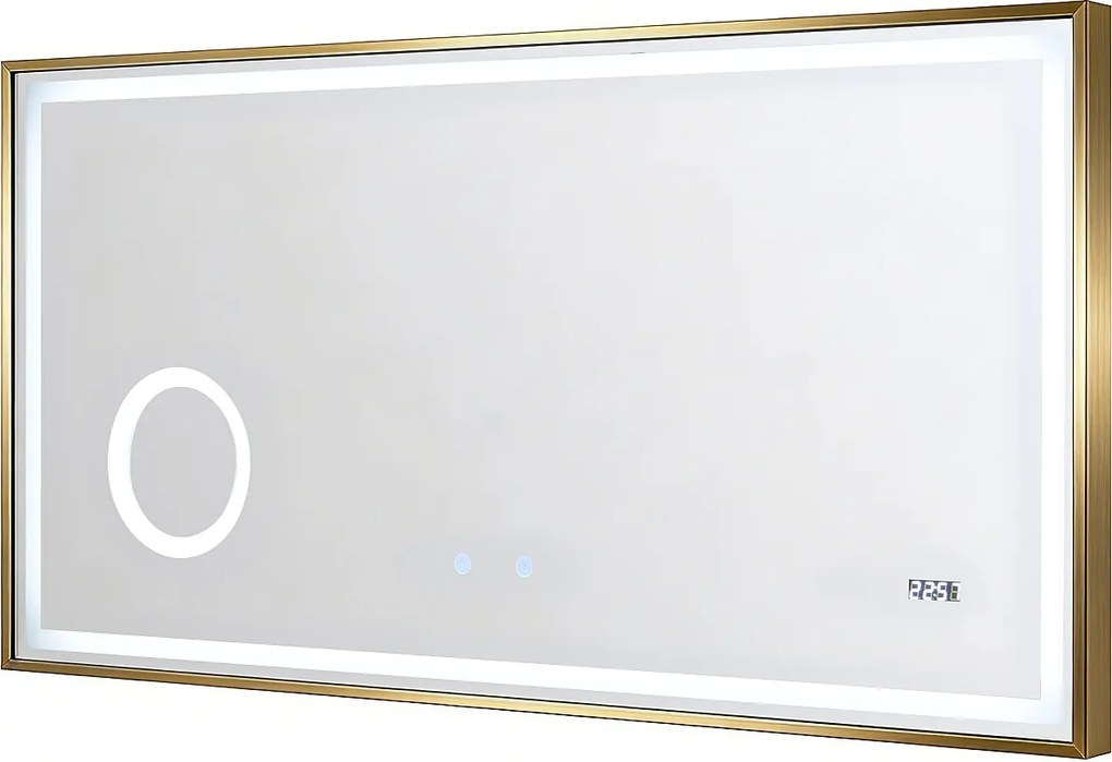 Prostokątne podświetlane lustro łazienkowe z zegarem cyfrowym - Złote - 120 x 60 cm - AITANA