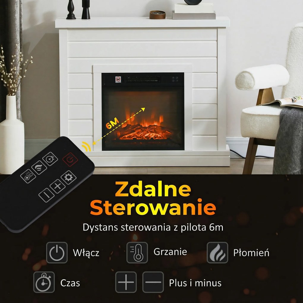 HOMCOM kominek elektryczny, efekt płomieni 3D, 3 ustawienia, timer, pilot, biały