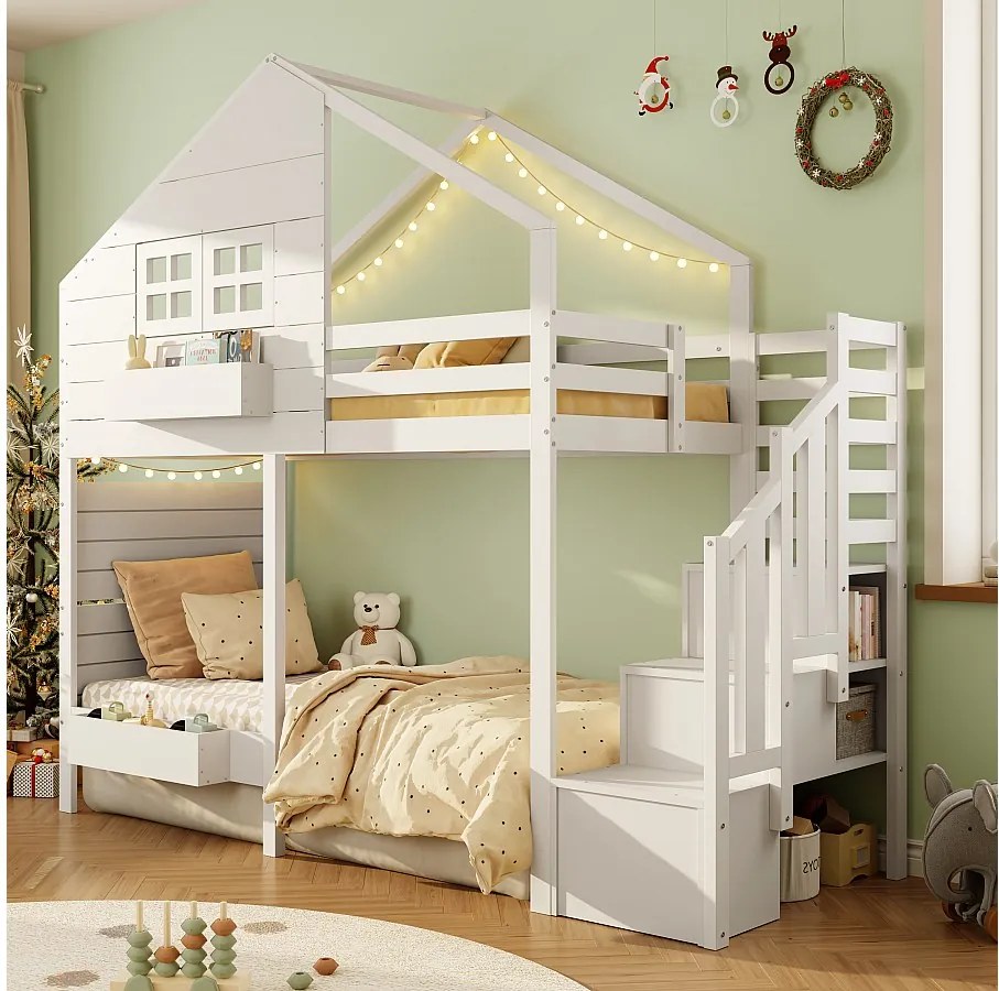 Łóżko piętrowe dla dzieci - 90 x 200 cm - ze schodkami do przechowywania + okno - lite drewno - białe