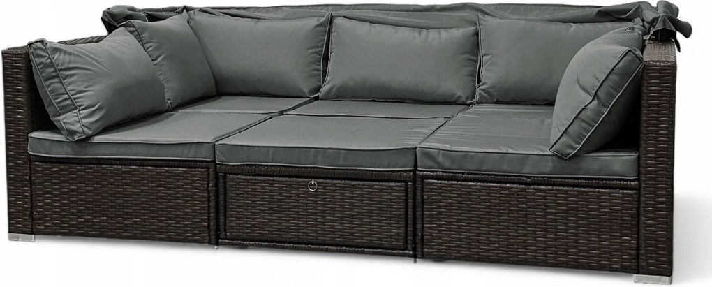 Wielofunkcyjny zestaw mebli ogrodowych - narożnik, leżanka z daszkiem Galicja 101 brąz, poduszki szare