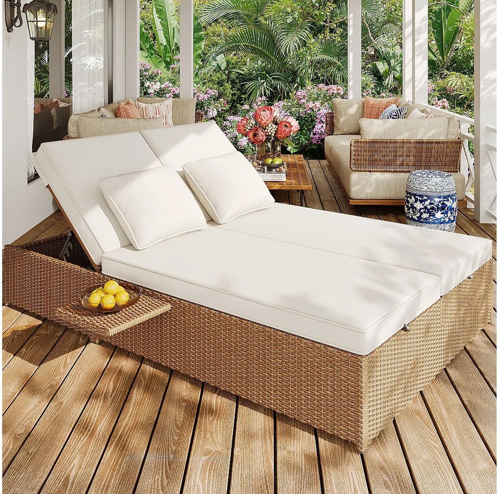 Zestaw mebli ogrodowych składanych 2-osobowy, fotel ogrodowy z poliestru rattanowego - 2 składane stoliki kawowe - biały