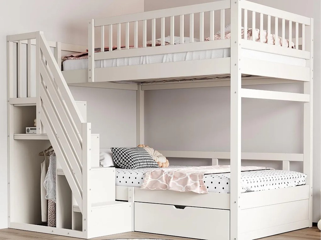 Łóżko piętrowe 90x200cm - z drabinką bezpieczeństwa - z 1 szufladą - z stelażem na listwach - białe (materac nie wliczony)