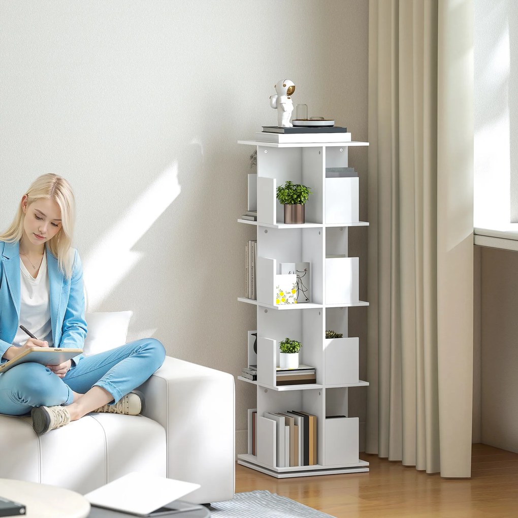HOMCOM Obrotowy regał na książki z 4 poziomami, 16 przegródkami, łatwy w dostępie, do sypialni, salonu, gabinetu, płyta wiórowa, Biały