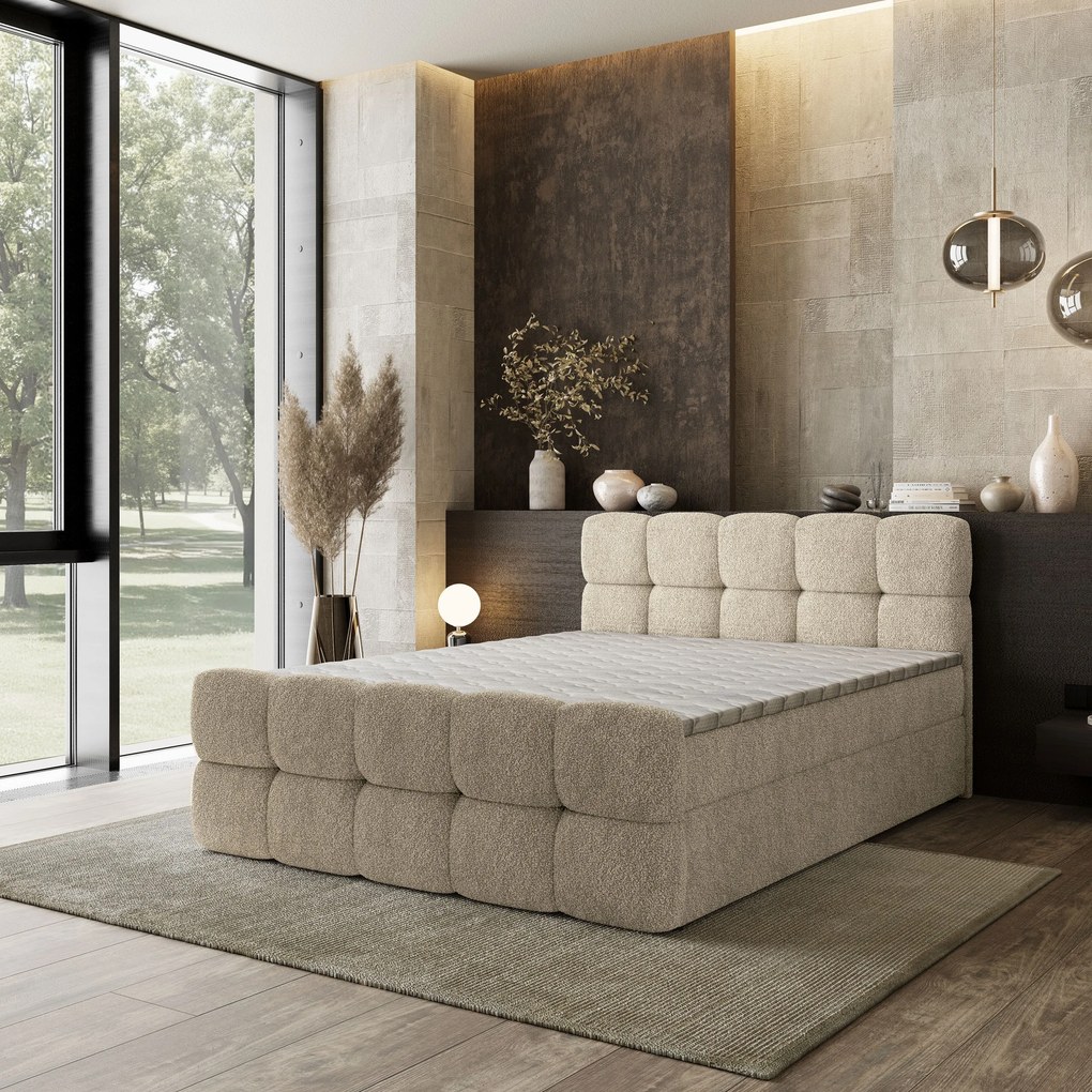 Masseno Łóżko kontynentalne BRUME z pojemnikiem na pościel 140x200 cm - Kremowy, QUELLE 02