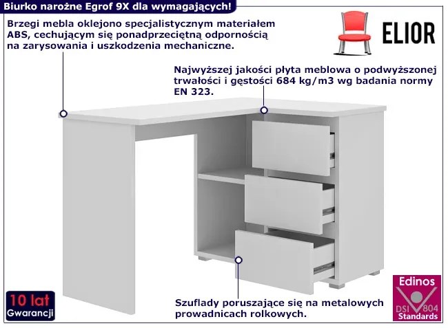 Białe narożne biurko z szufladami i półkami Cortina 7W 40x12x4