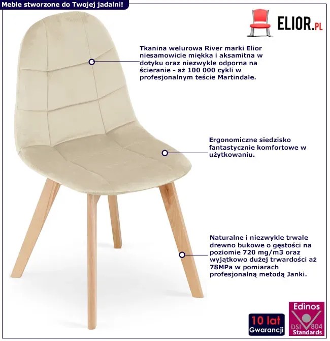 Beżowe pikowane krzesło drewniane welurowe kontenerek W0-D18