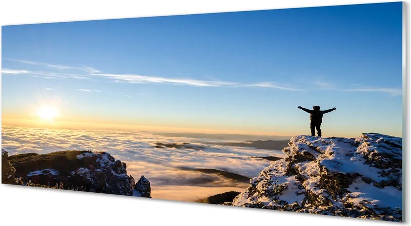 Szkło do Kuchni na Ścianę Człowiek w Górach o Wschodzie Słońca