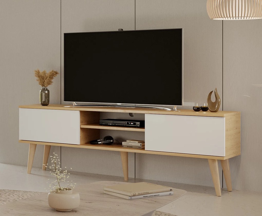 Szafka RTV na drewnianych nogach Toronto 160 dąb artisan/biały