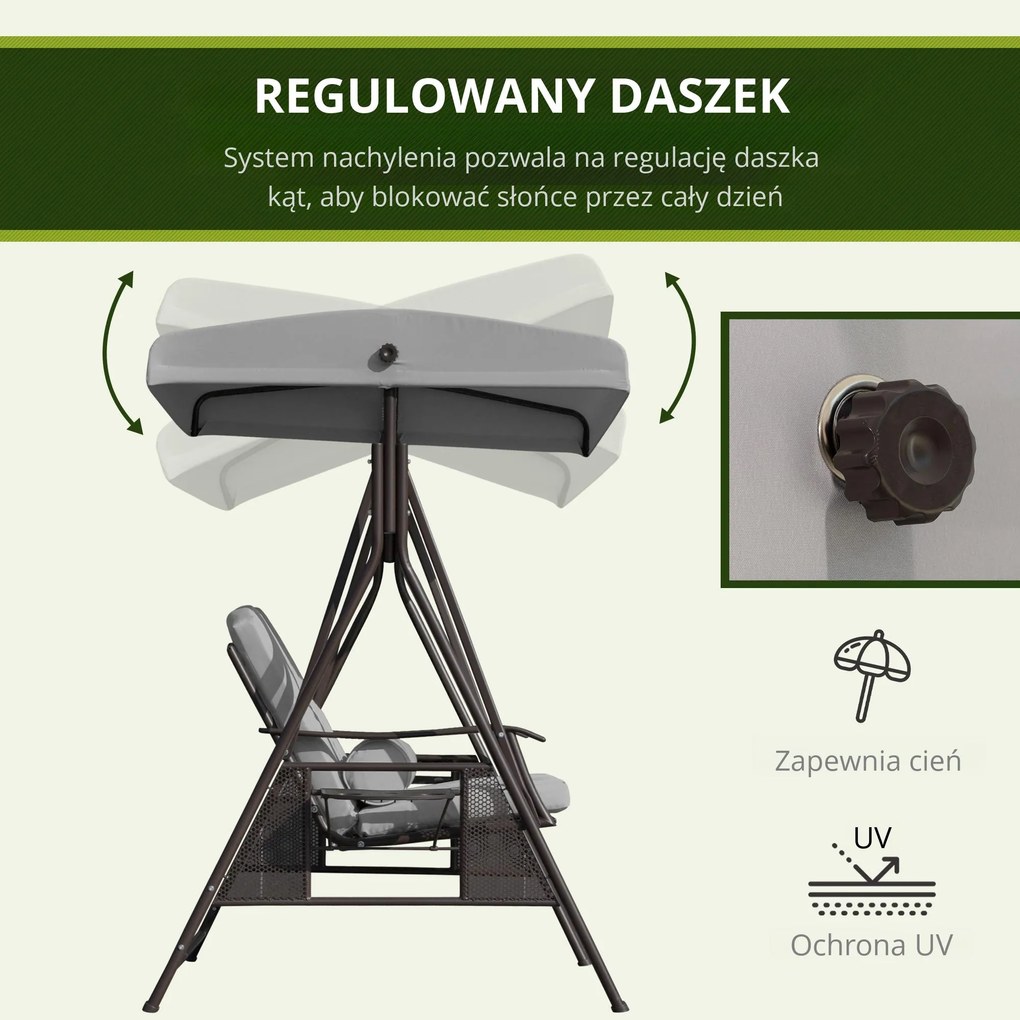 Outsunny huśtawka ogrodowa 2osobowa z daszkiem przeciwsłonecznym poduszka metal poliester khaki 162x118x173cm | Aosom PL