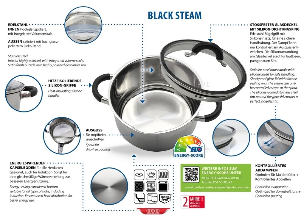 Elo 50904 Basic 4-częściowy zestaw garnków zestali nierdzewnej Black Steam