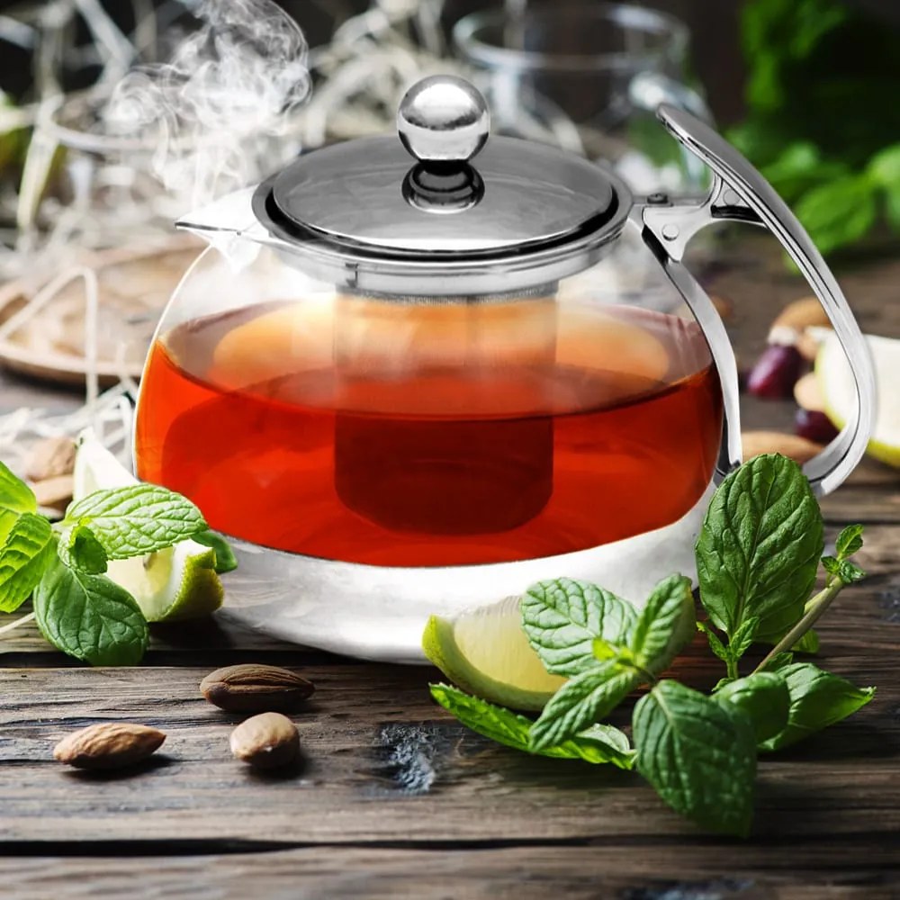 Monzana Zestaw do herbaty z sitkiem TEA 1,2L + 4 filiżanki, przezroczysty, srebrny