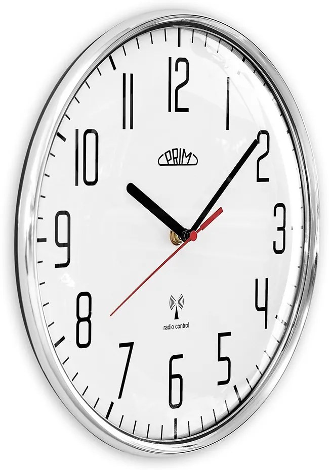 Plastowy zegar biały/błyszczący srebrny PRIM Radio ∅ 292 × 48 mm