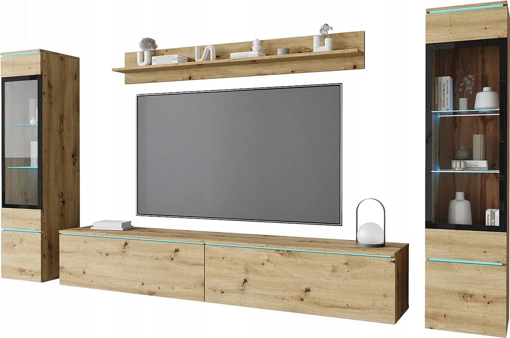 Zestaw mebli do salonu z LED 4 elementy – szafka RTV 180 cm, 2 witryny i półka, meblościanka stojąca lub wisząca dąb Artisan