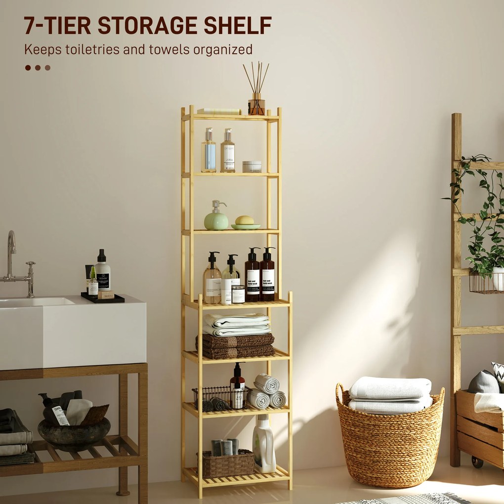 HOMCOM Regał łazienkowy z 7 półkami, Bambusowy, Wodoodporny, Solidny, 180 cm