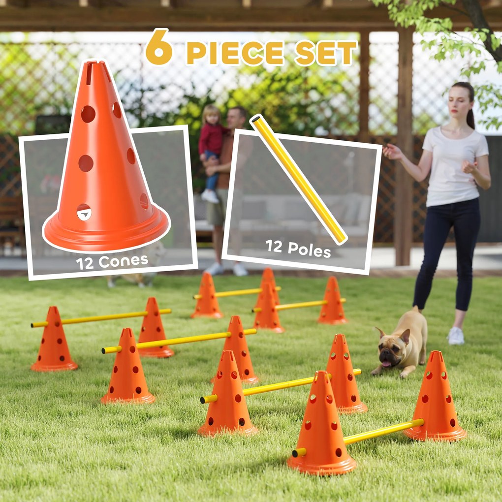PawHut Zestaw Agility dla Psów 6-częściowy, Zestaw do Treningu z 12 Stożkami 6 Przeszkodami Torba