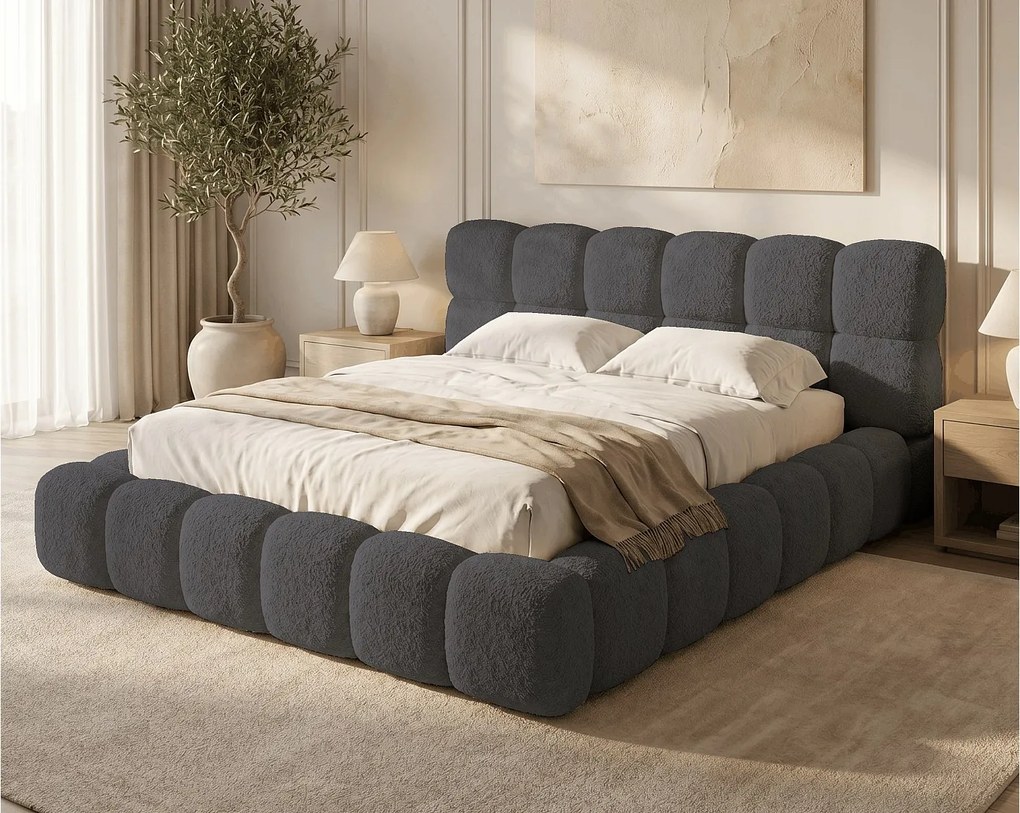 BESILIO Łóżko z grubej pianki 140x200 boucle Tokyo - łóżko z pojemnikiem i stelażem - Szary