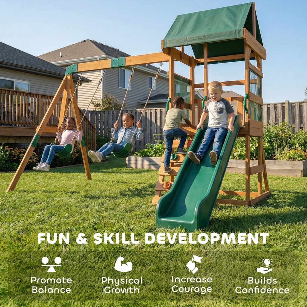 AIYAPLAY Wieża zabaw drewniana z huśtawkami i zjeżdżalnią 194,5 cm dla dzieci 3-8 lat 315x284x233 cm Zielony | Aosom PL