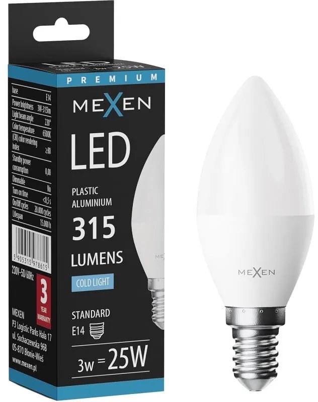 Mexen Nova żarówka LED E14, C37, 3W, Zimna - 6500K, 315 lm - L102-E14-0365-01