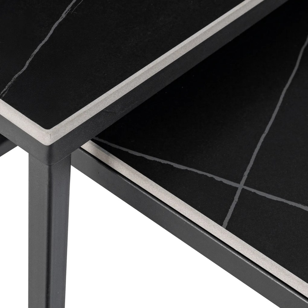 Zestaw Stolików Kawowych TENOR Czarny Marmur/Czarny do Salonu Glamour
