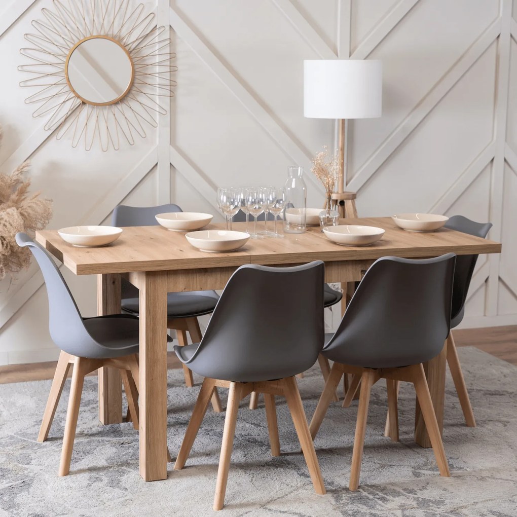Zestaw Stół Prostokątny SKUBI Rozkładany 120-160 cm Dąb Artisan i 6 Krzeseł SCANDI Szare/Dąb