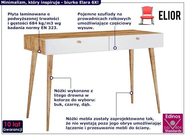 Skandynawskie biurko dąb craft + biały - Elara 6X