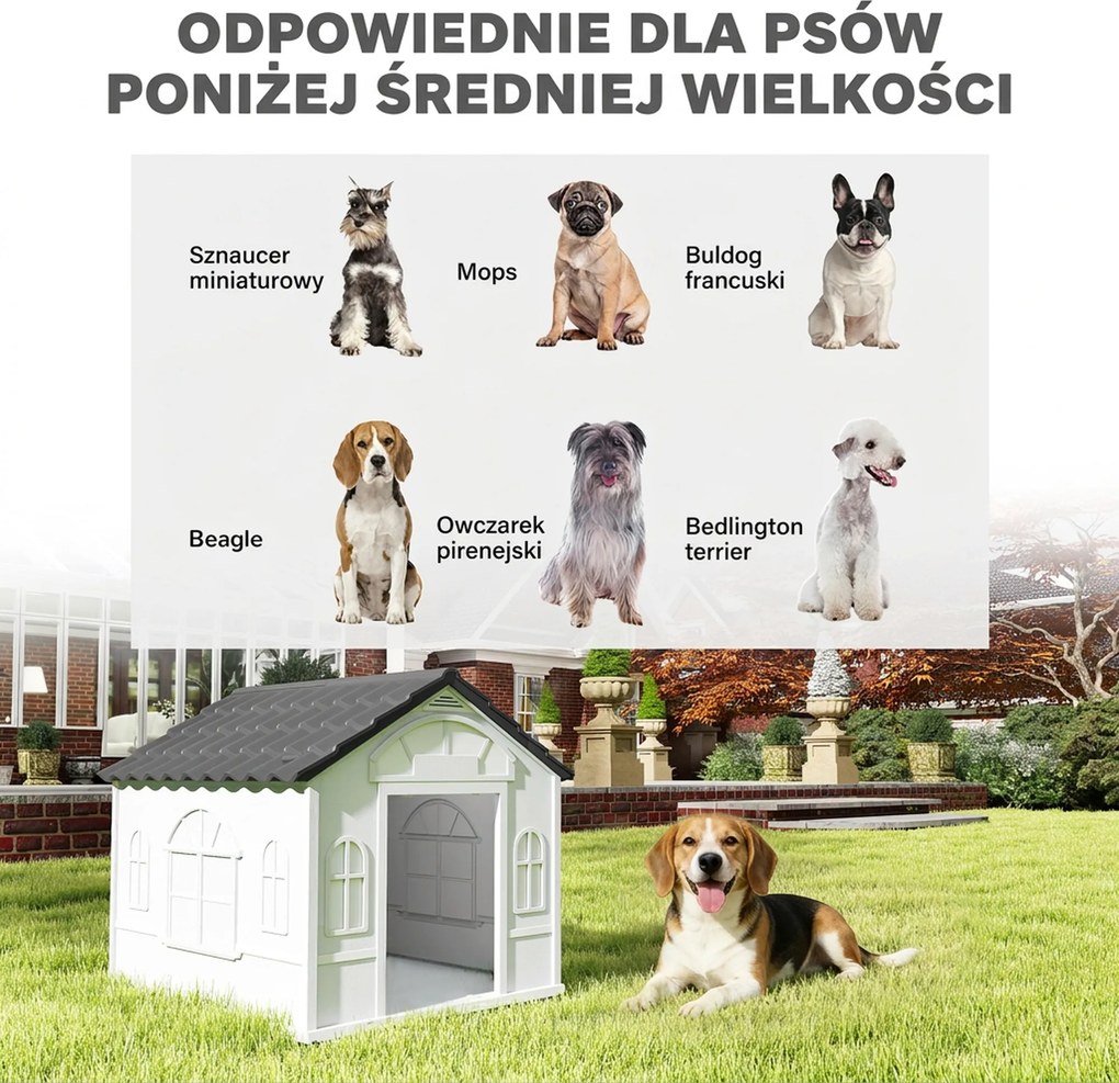 PawHut Buda dla psa z dachem dwuspadowym, odporna na warunki atmosferyczne, z tworzywa sztucznego, 65 x 75,7 x 63 cm, Szary