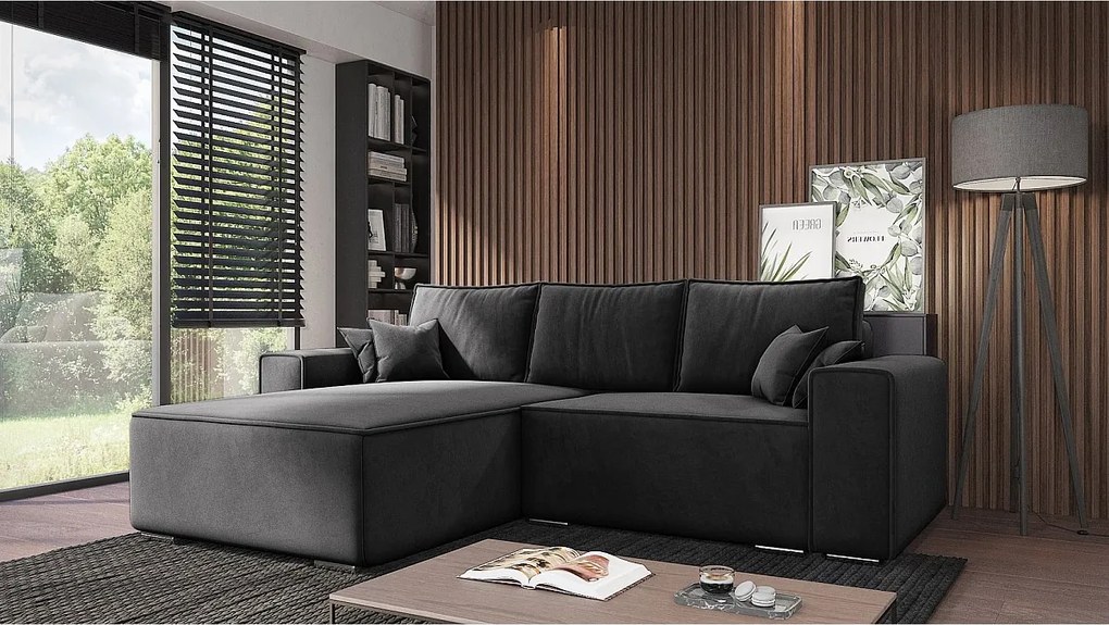 Emporius Lora narożnik rozkładany - narożnik z funkcją spania i pojemnikiem - nowoczesny styl, lewostronny, tkanina aksamitna, czarny (Amor Velvet 4322)