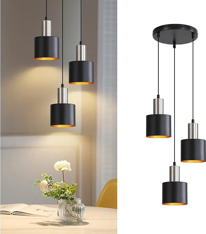 NETTLIFE Lampa wisząca do jadalni E27 Vintage Lampa wisząca 3 żarówki Czarny Złoty