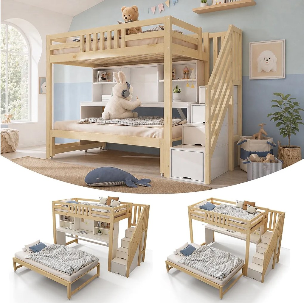 Łóżko piętrowe 90 x 200 + 90 x 190 cm z mobilnym biurkiem i półkami - Sosna, sklejka i MDF - Biały i dąb (Materac nie jest wliczony w cenę)