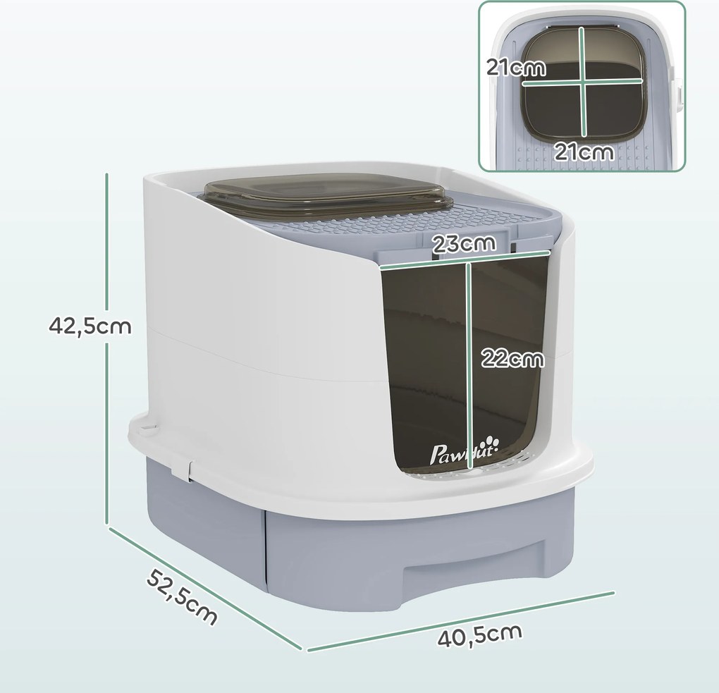 PawHut Kuweta z pokrywą wejście od góry łopatka wysuwana taca dla kotów do 4,5 kg, 40,5x52,5x42,5 cm Szara | Aosom PL