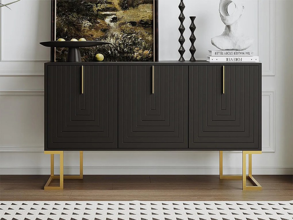 Nowoczesny bufet z regulowanymi półkami - 3 drzwi w wzór U - metalowe uchwyty i podstawa - Czarny