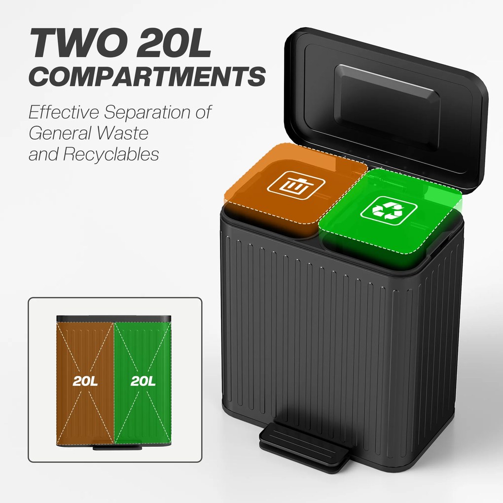 HOMCOM Kosz kuchenny, 2 x 20 L, efektywne sortowanie odpadów, pedałowy, tworzywo sztuczne, metal, czarny | Aosom PL