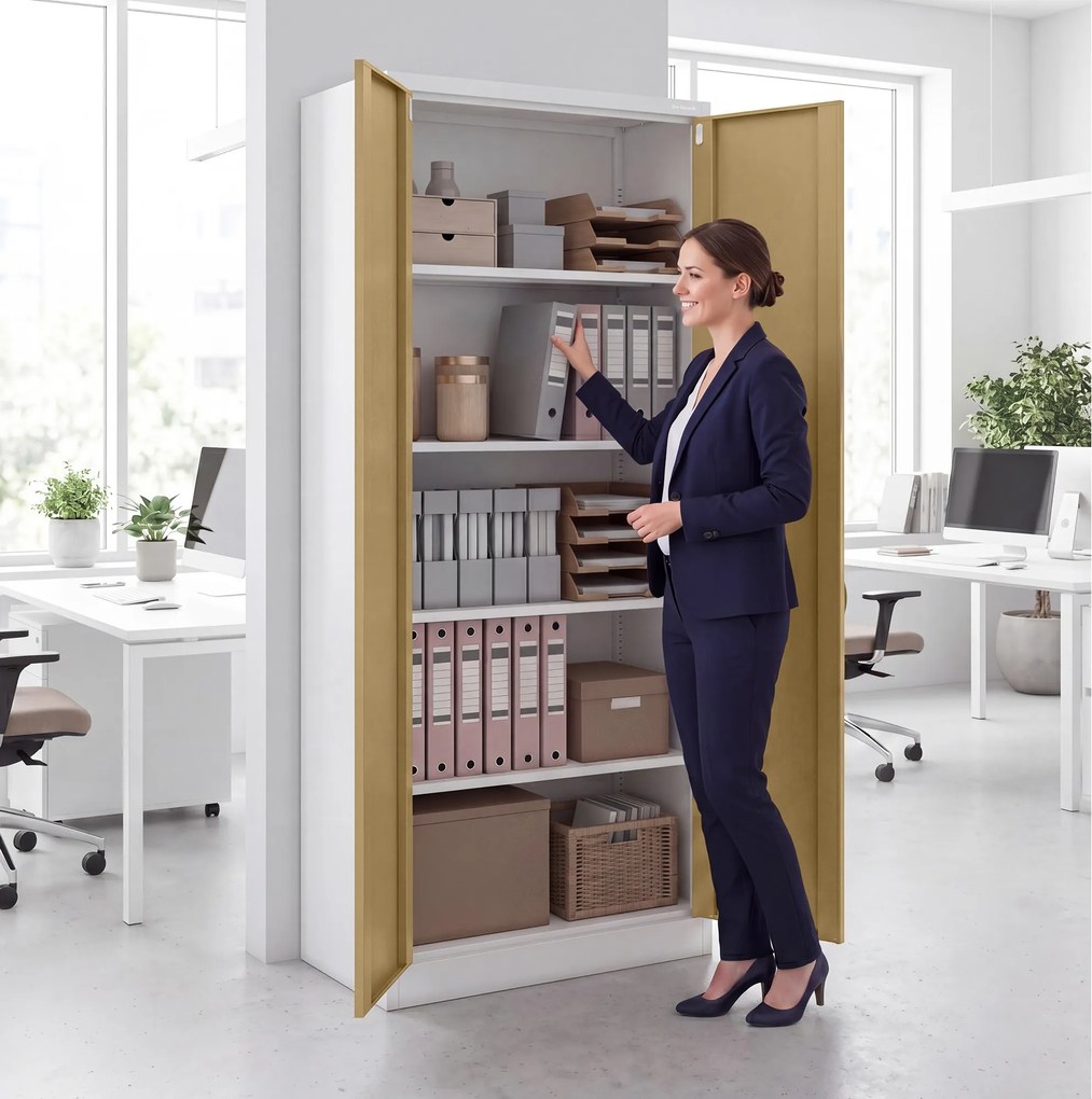 Szafa biurowa metalowa wysoka na dokumenty biała/orzech, 900x1950x400 mm: JAN H Eco Design