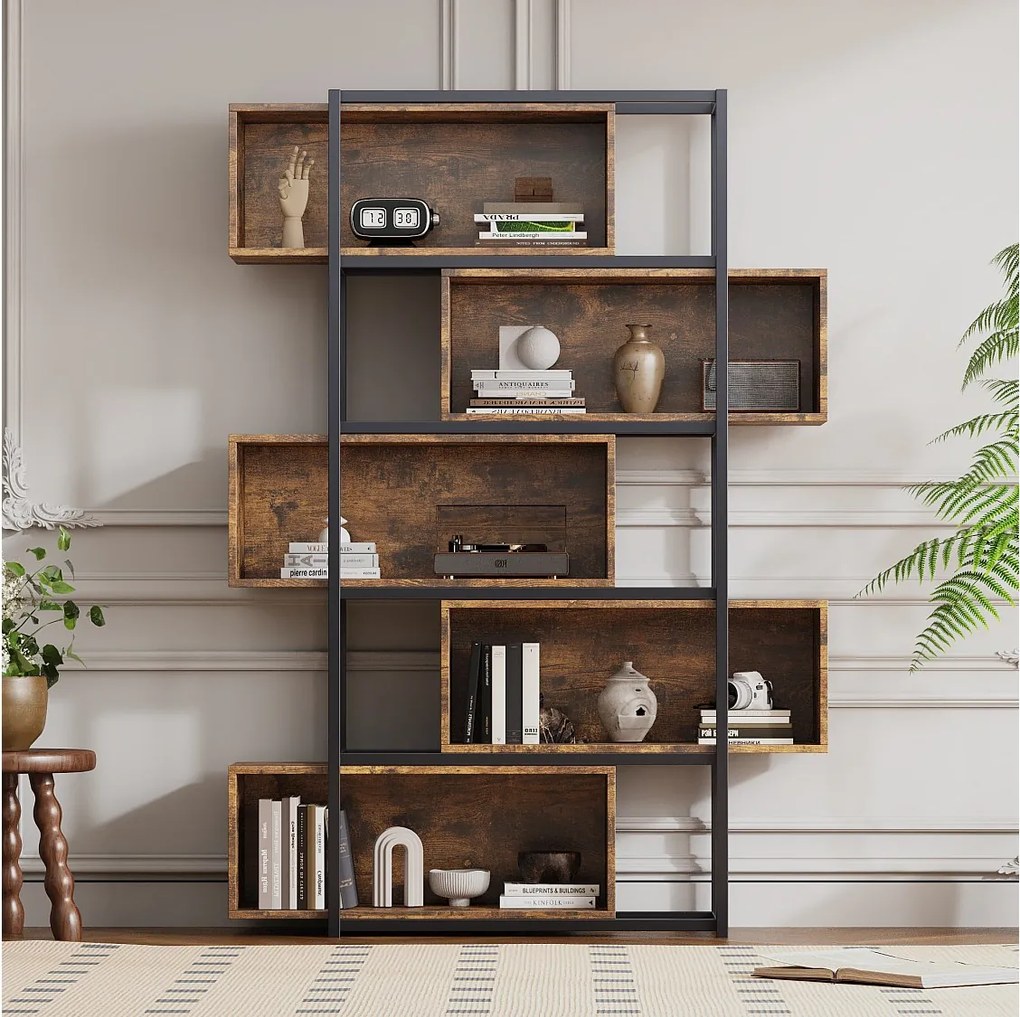 Regał biblioteczny 5-poziomowy z półkami - 121 x 35 x 176 cm - drewno MDF i rura stalowa - Brązowy