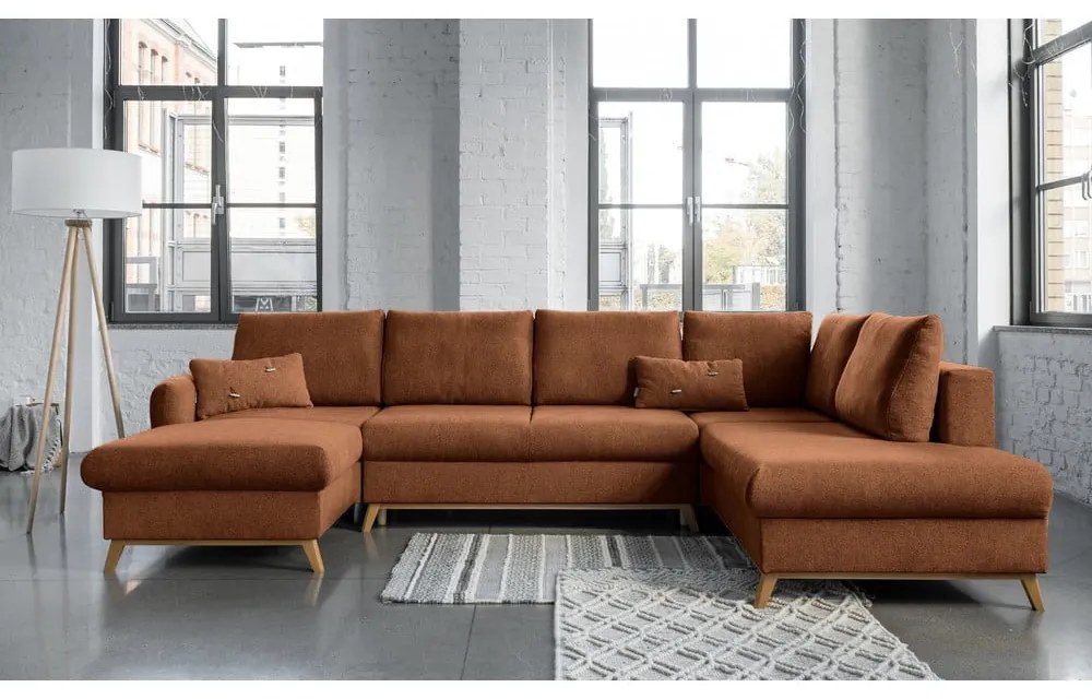 Ceglasta rozkładana sofa w kształcie litery "U" Miuform Scandic Lagom, prawostronna