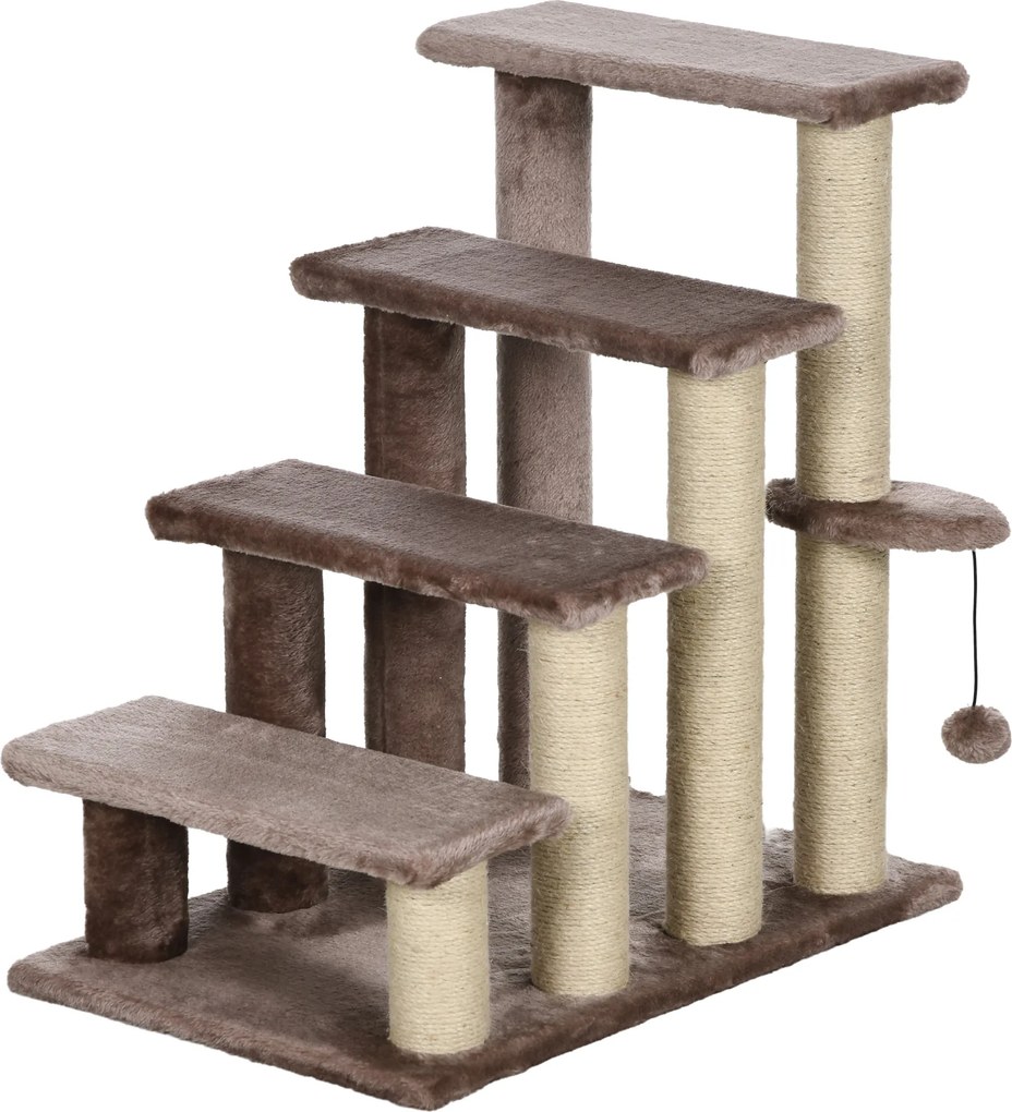 PawHut drabinka dla kota z drapakiem 4 stopnie schodki dla małych zwierząt do 5 kg brązowa 60x40x64cm | Aosom PL