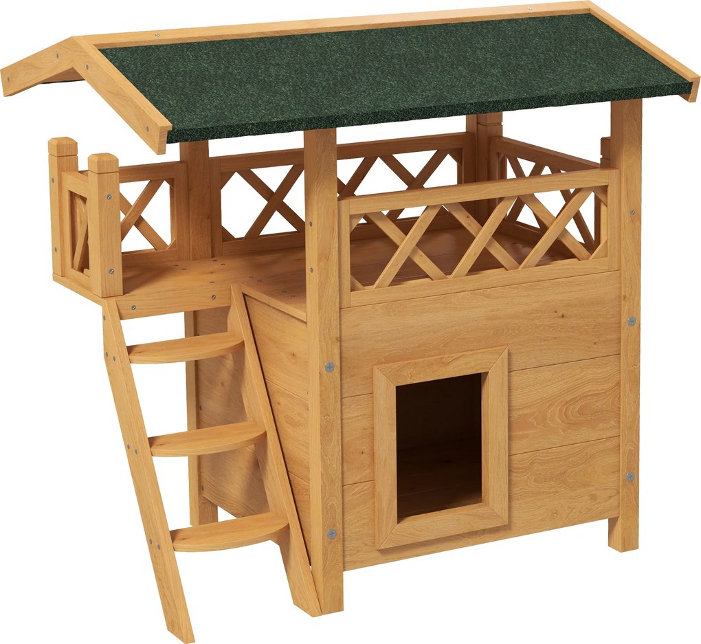 PawHut Domek dla kotów, Chatka dla zwierząt, Dach asfaltowy, 2 Poziomy, 1 Schody, Naturalny + Zielony