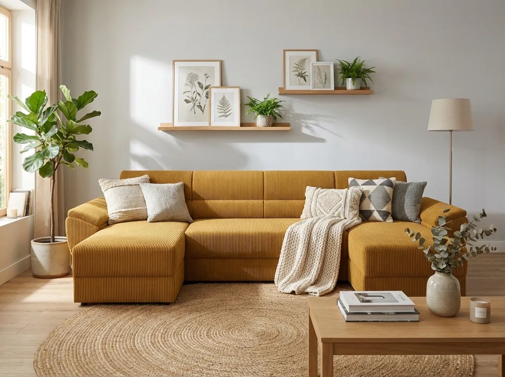Rozkładana sofa narożna w kształcie U TAVERO 321x140 cm, musztardowa
