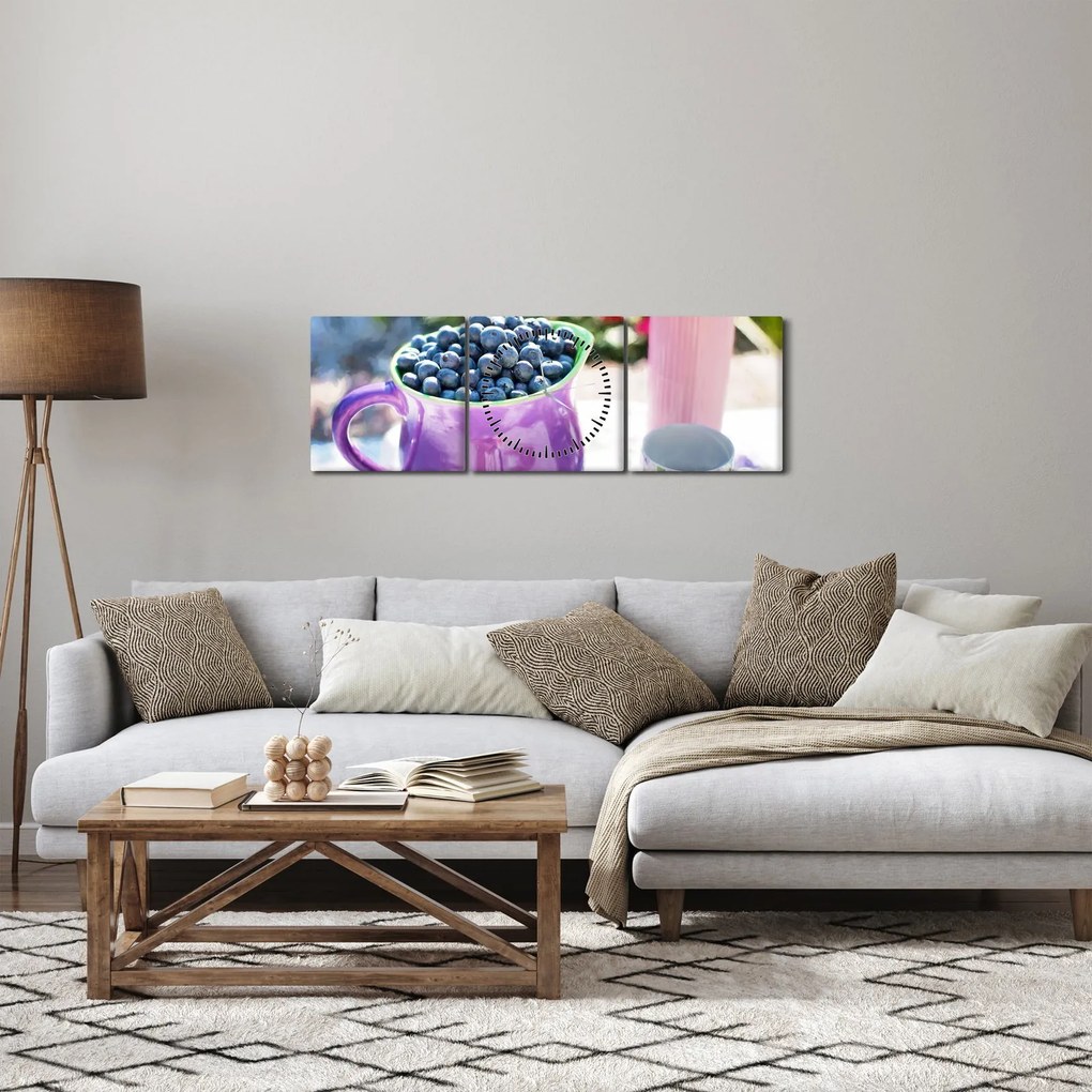 Obraz - jagody w filiżance (z zegarem) (90x30 cm)