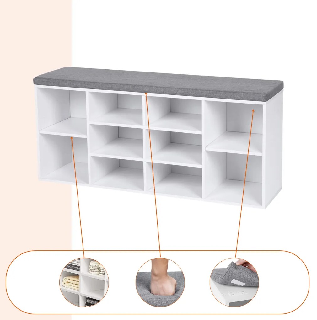Szafka na buty z tapicerowaną ławką GABI, 10 przegródek, 104x30x48cm, szary/biały Jurhan