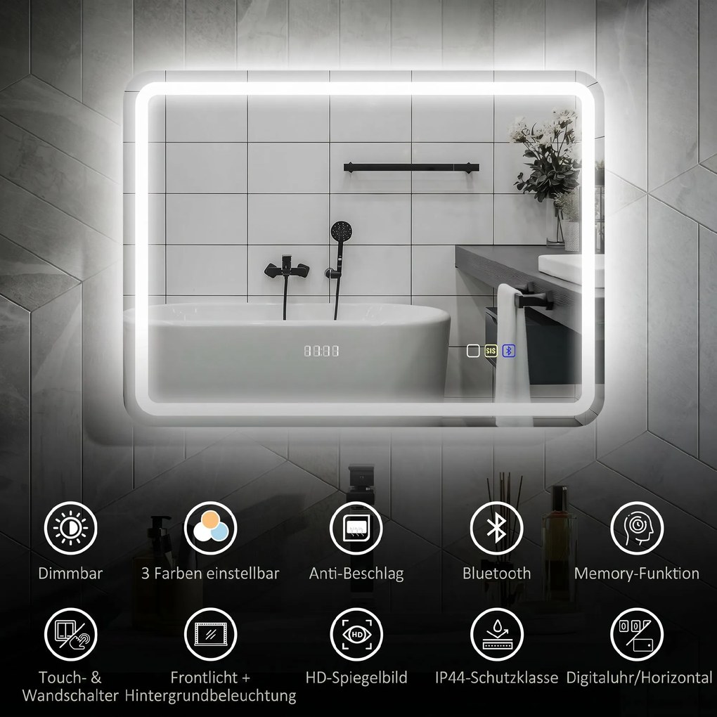 HOMCOM Lustro łazienkowe z podświetleniem LED, mata przeciwmgielna, 3 regulowane kolory, zegar, 600 x 800 mm, kolor srebrny | Aosom PL