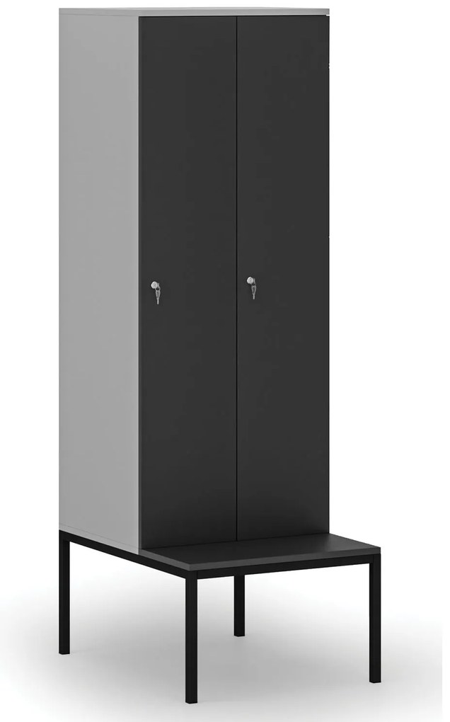 Drewniana szafa ubraniowa S4 z ławką, 2-drzwiowa, 1871 x 600 x 500/800 mm, demontaż, zamek cylindryczny, szary/grafitowy